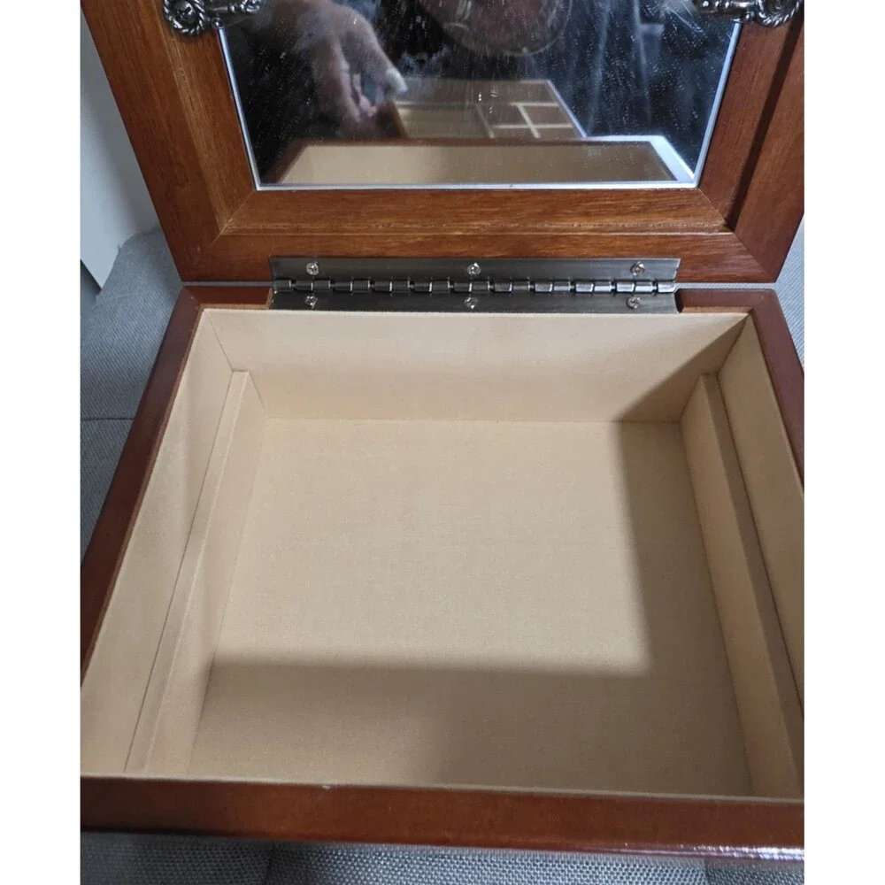 New Vintage Jewelry Box Velvet Lined Tray Ornate Pewter Photo Frame & Mirror NiB
